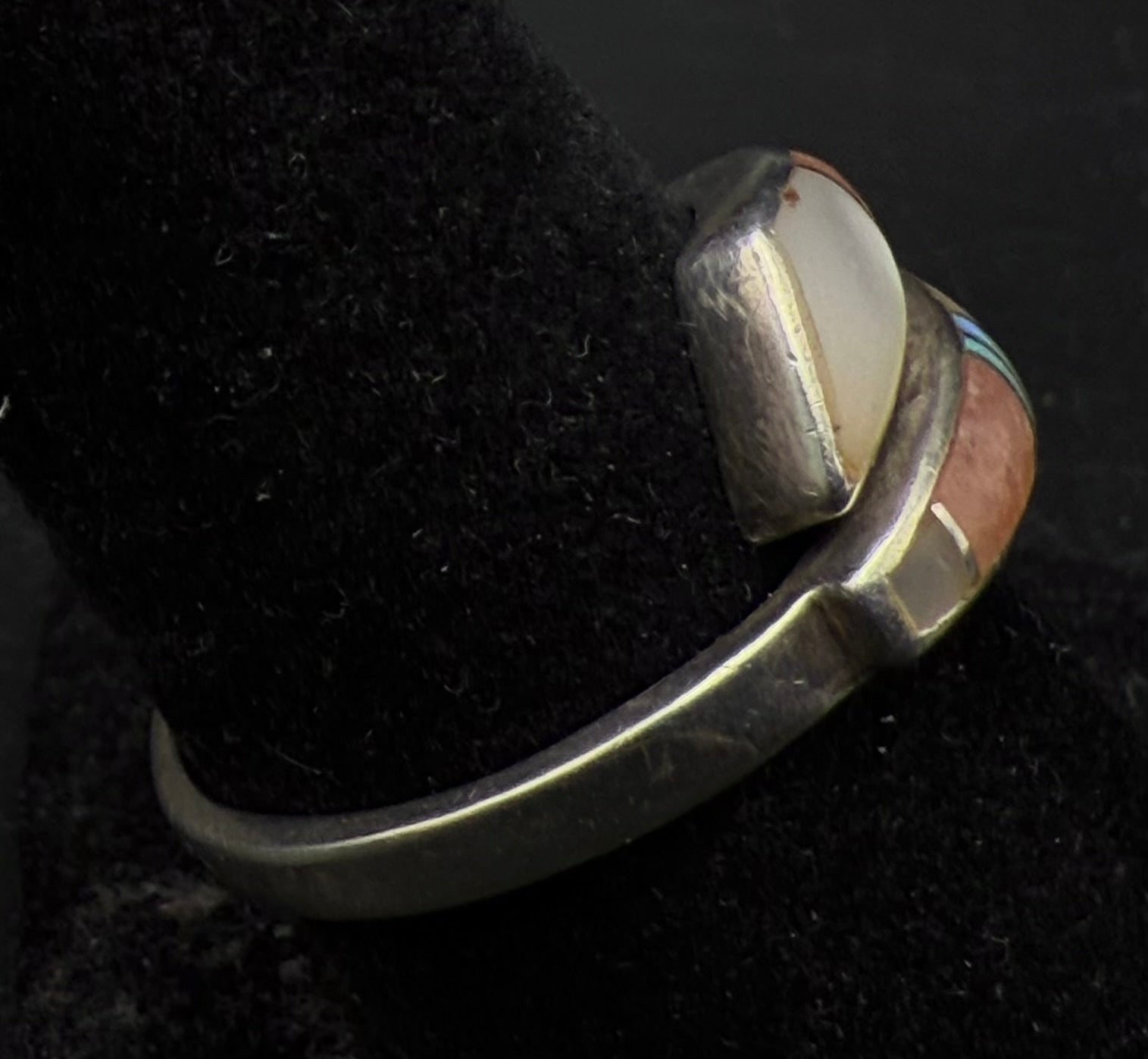 Julius Burbank - Vintage Handmade Sterling Silver Inlaid Bypass Ring - Adjustable Size