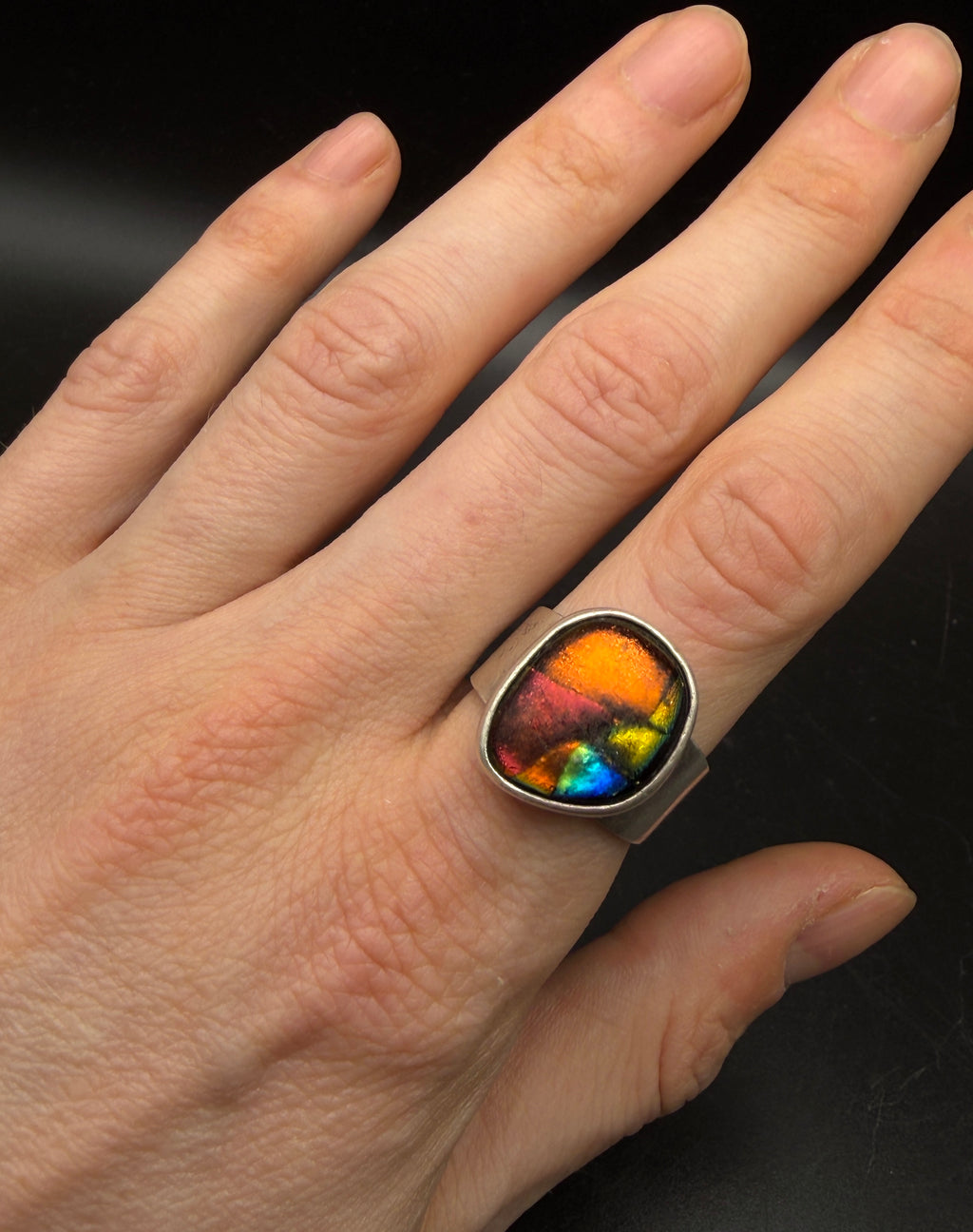 Vintage Handmade Sterling Silver Dichroic Glass Ring - Size 9.25