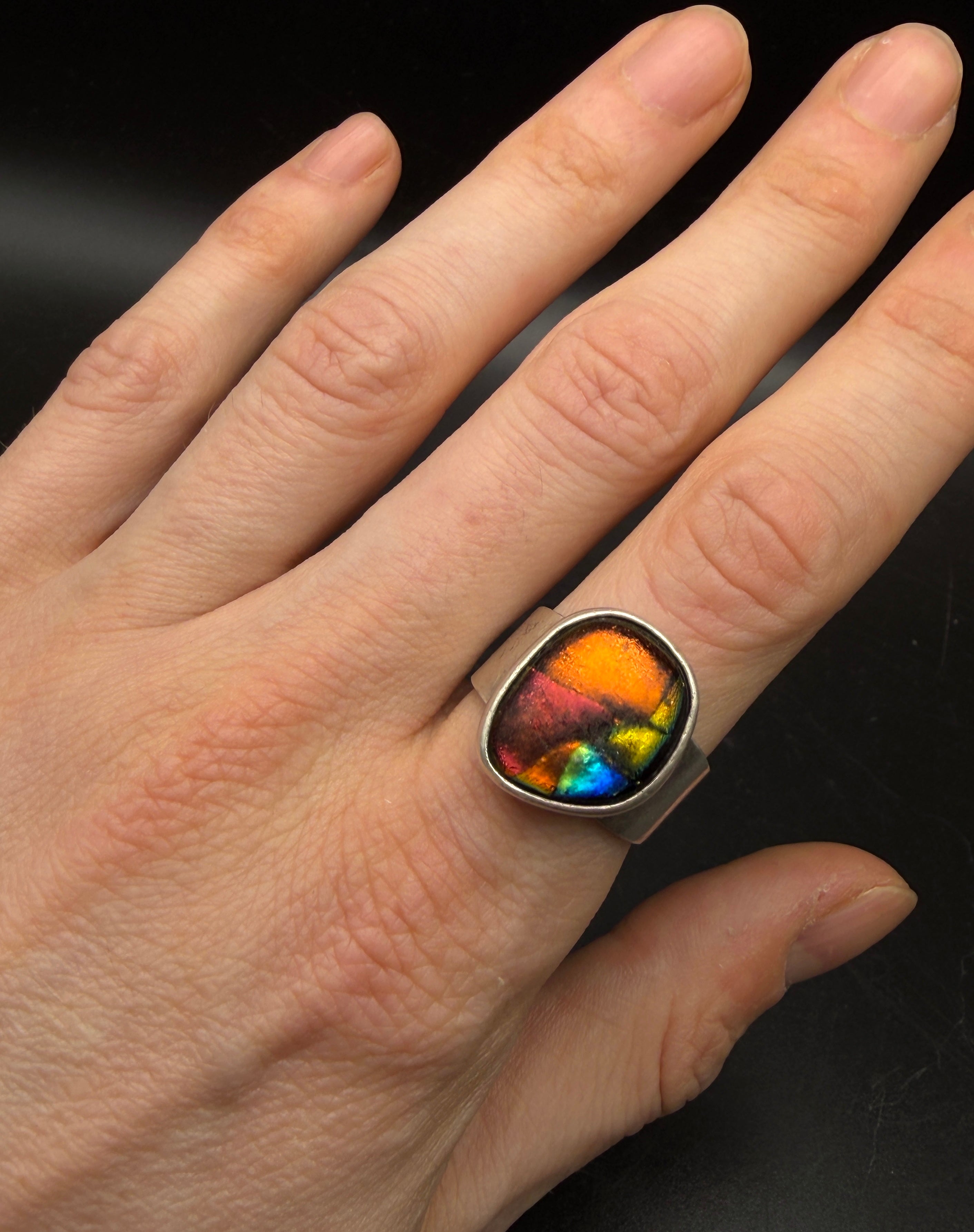 Vintage Handmade Sterling Silver Dichroic Glass Ring - Size 9.25
