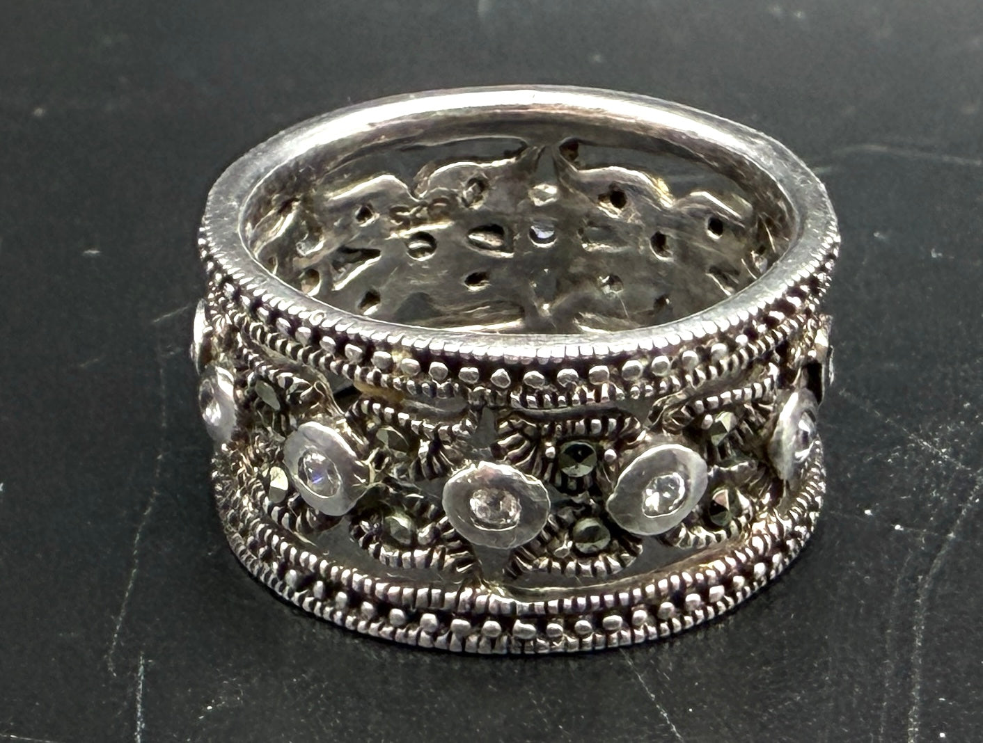 Vintage Sterling Silver with Marcasite and Crystal Glass Wide Band Ring - Size 8