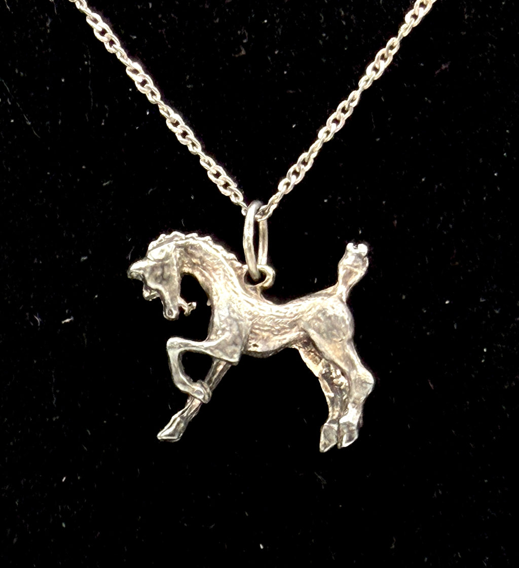 Vintage Sterling Silver Bucking Bronco Horse Pendant Chain Necklace - 16"