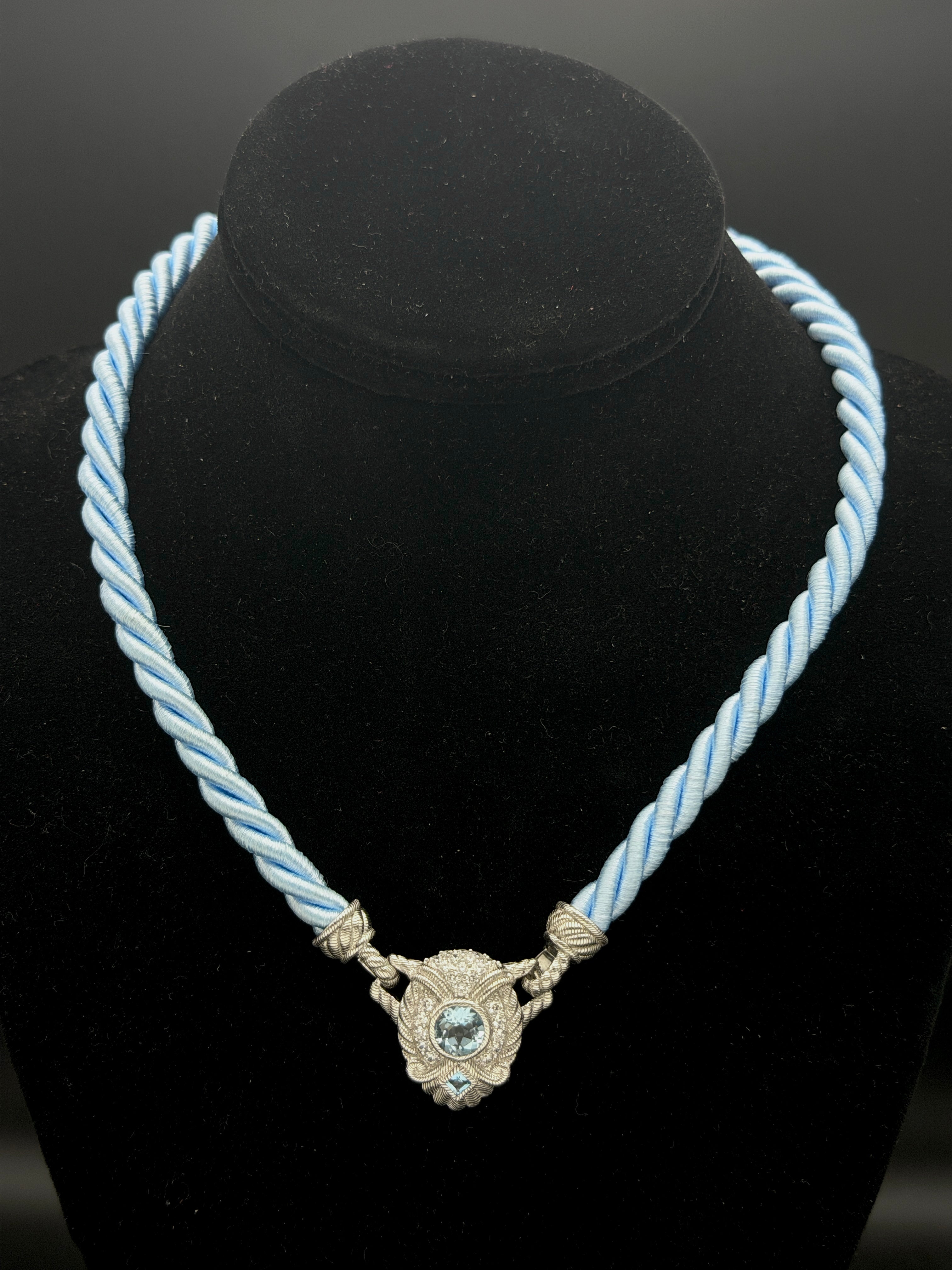 Judith Ripka - Vintage Blue Topaz and CZ Sterling Silver Pendant on Satin Rope Necklace - 18"