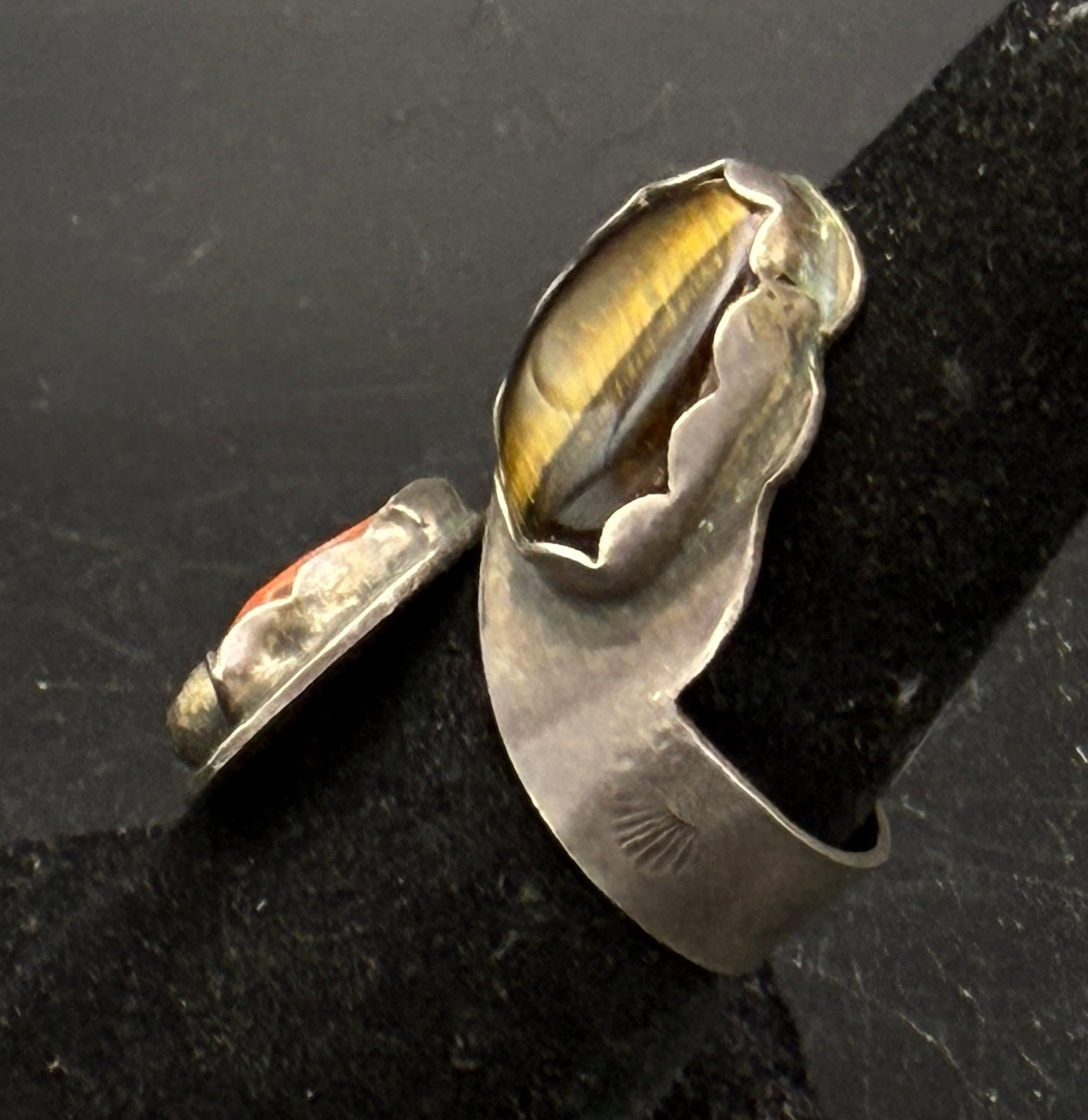 Vintage Handmade Tiger's Eye and Coral Sterling Silver Bypass Ring - Adjustable Size