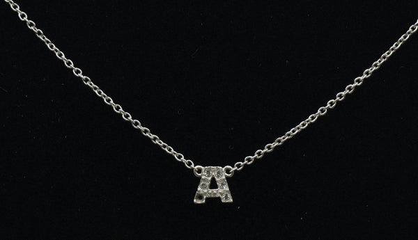 Vintage Sterling Silver "A" Monogram Rhinestone Pendant Chain Necklace - 16.25"