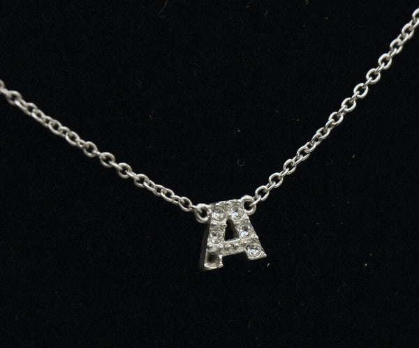 Vintage Sterling Silver "A" Monogram Rhinestone Pendant Chain Necklace - 16.25"