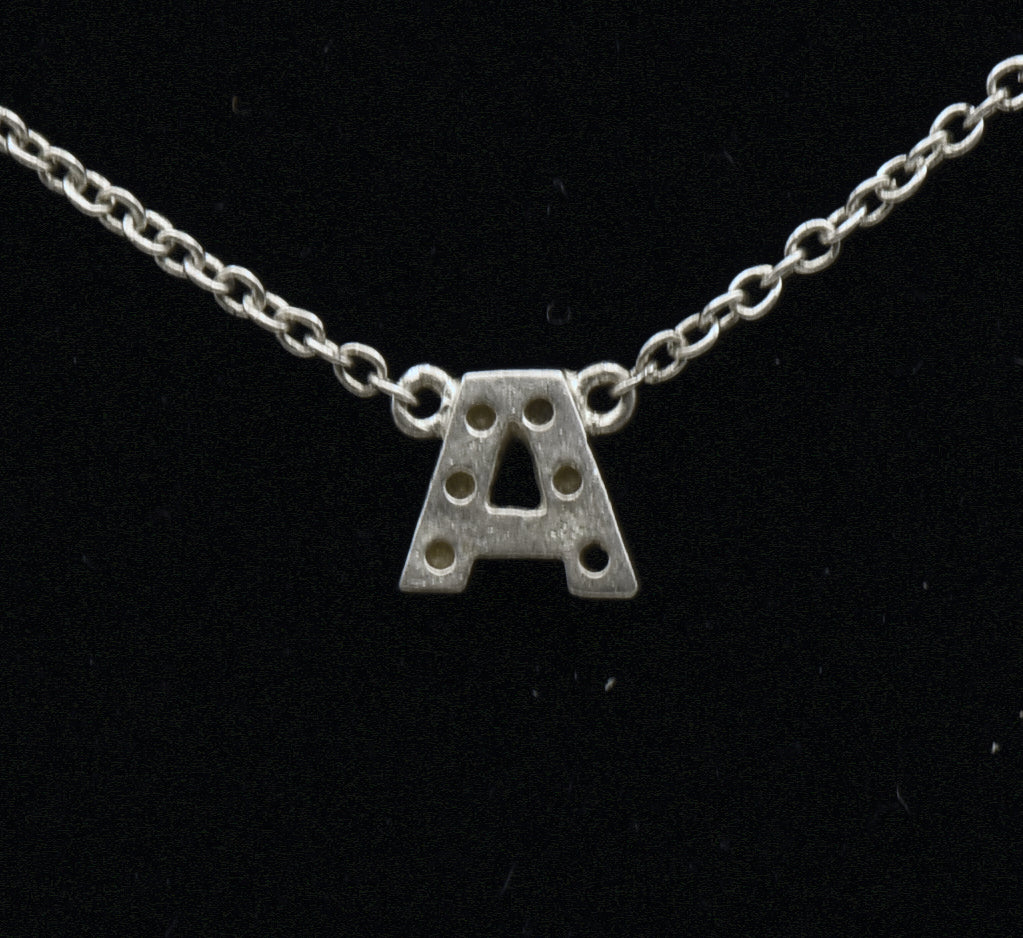Vintage Sterling Silver "A" Monogram Rhinestone Pendant Chain Necklace - 16.25"