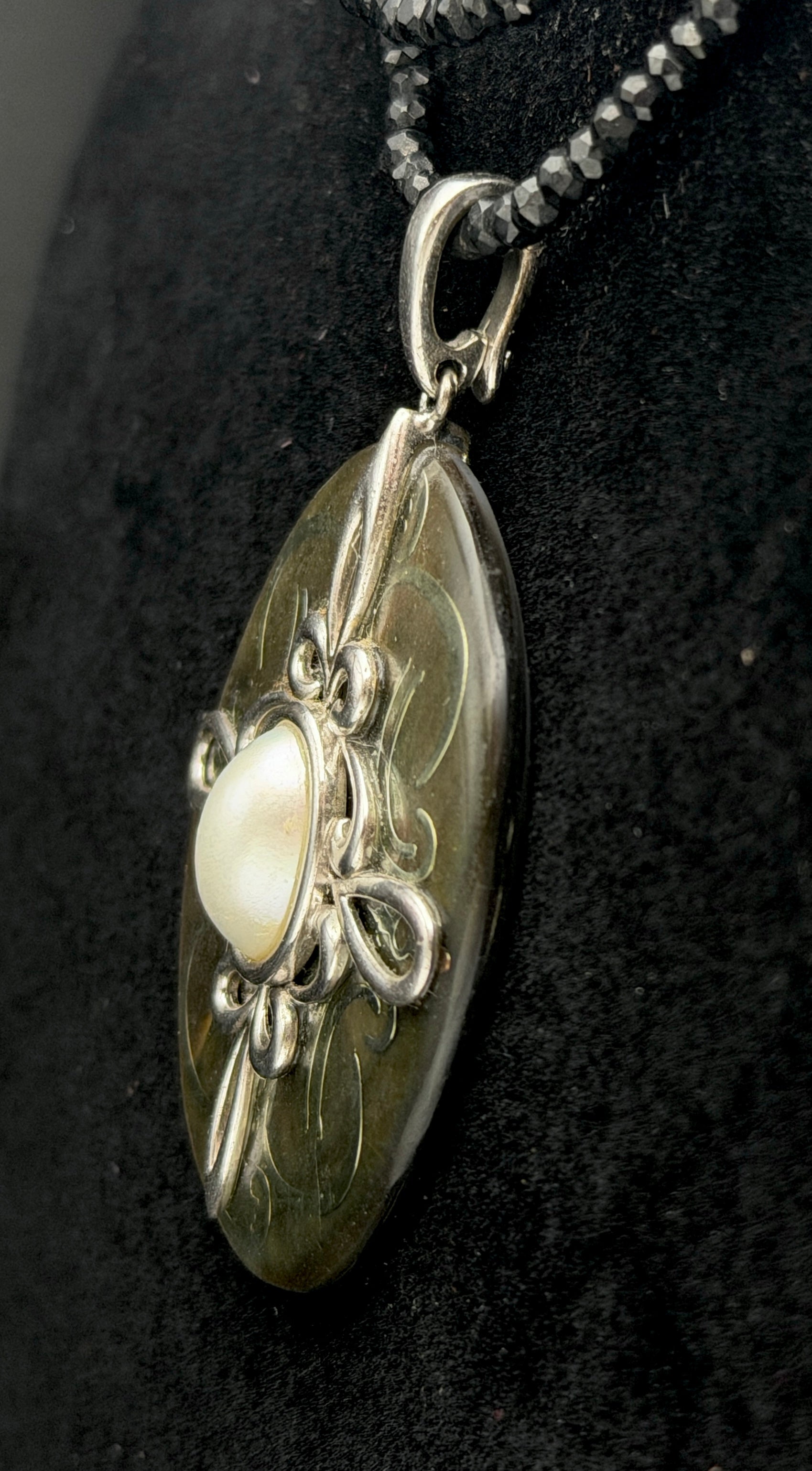 Vintage Abalone Shell Pendant Sterling Silver with Black Beaded Necklace- 36"