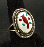 Vintage Handmade Inlaid Mother of Pearl Cardinal Sterling Silver Ring - Size 7.5
