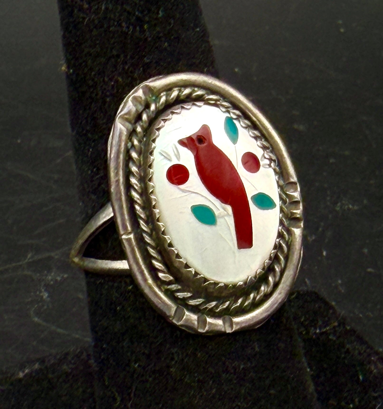 Vintage Handmade Inlaid Mother of Pearl Cardinal Sterling Silver Ring - Size 7.5