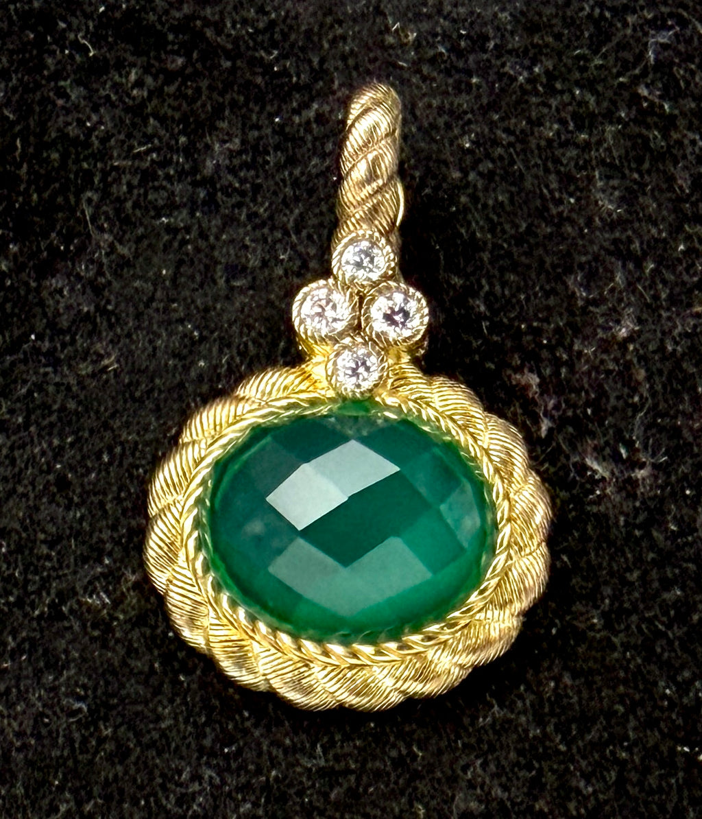 Judith Ripka- Vintage Green Onyx Gold Tone Sterling Silver CZ Pendant