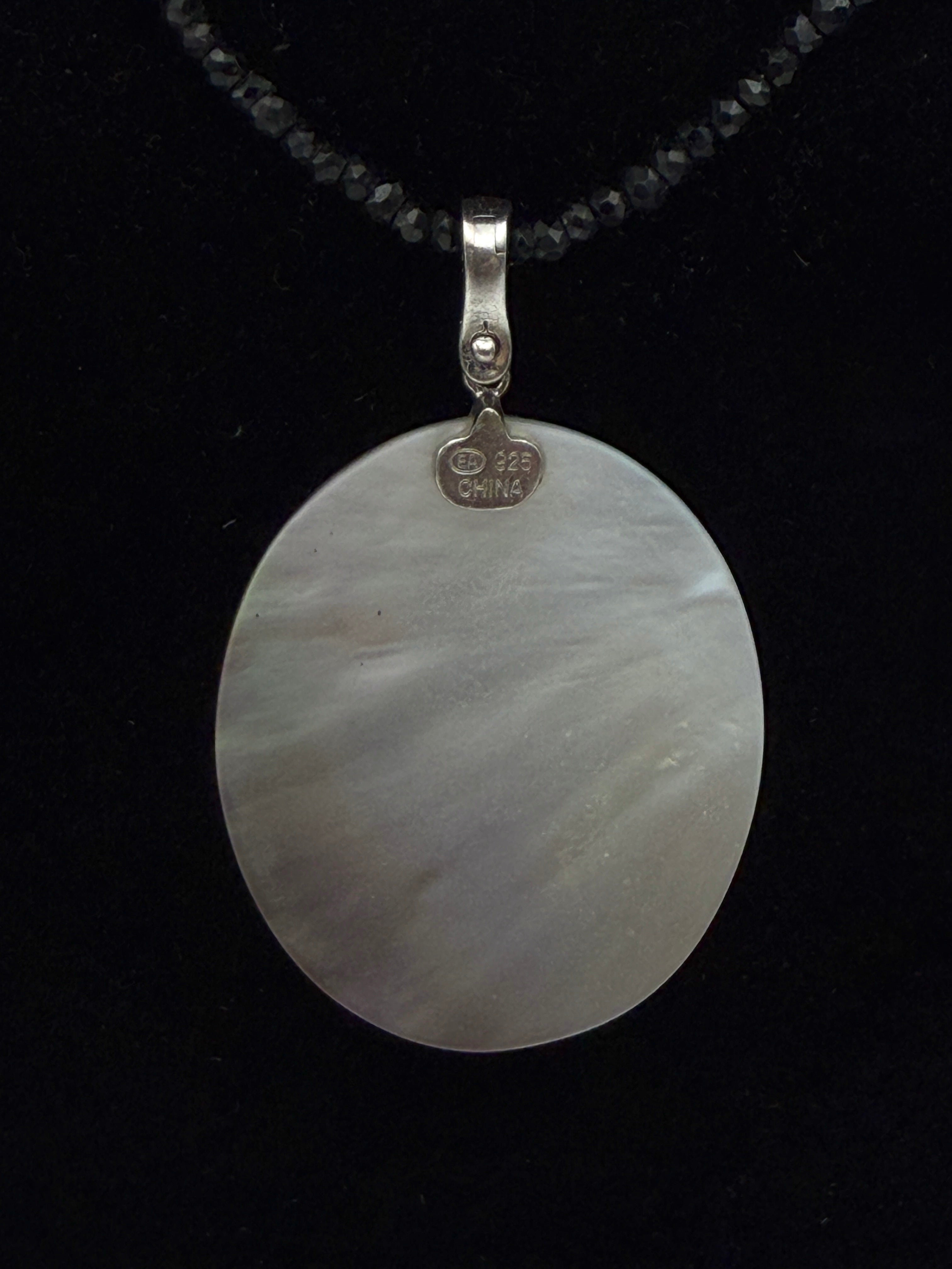 Vintage Abalone Shell Pendant Sterling Silver with Black Beaded Necklace- 36"