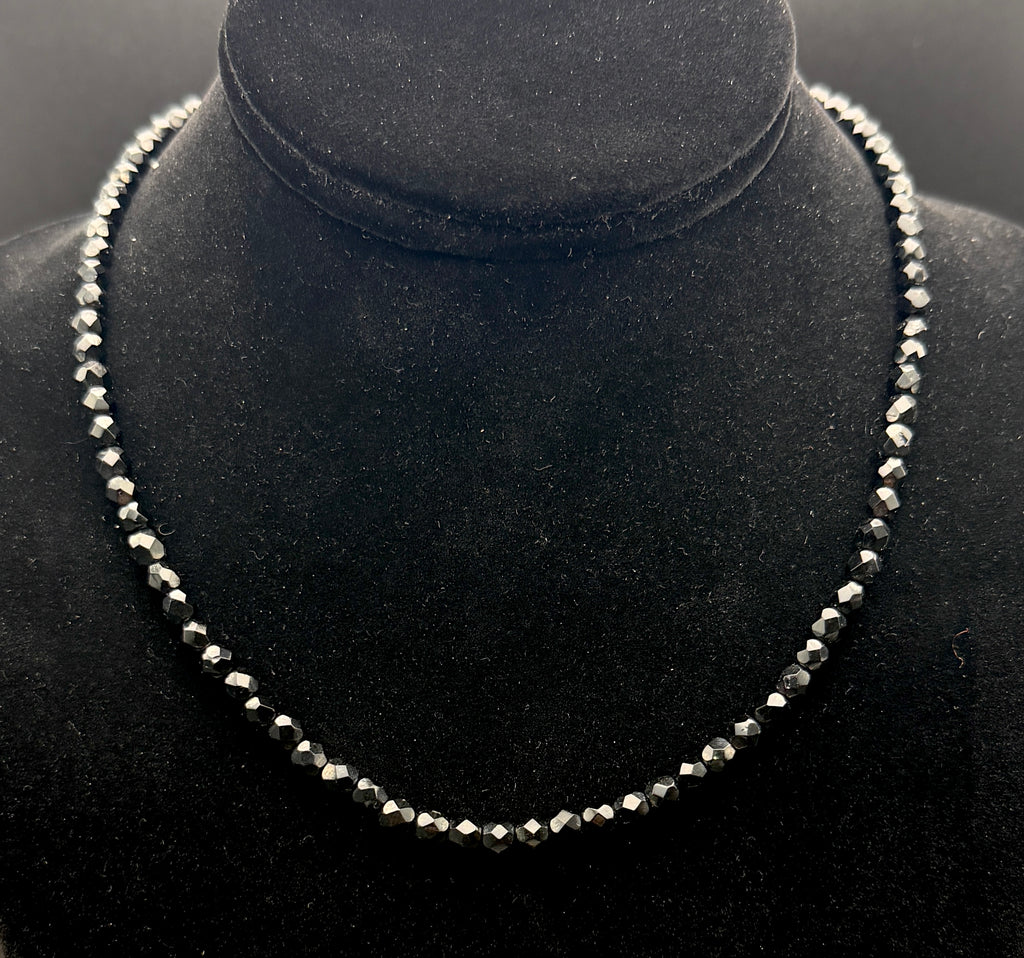 Vintage Faceted Black Crystal Bead Necklace with Sterling Silver Clasp - 17.5"