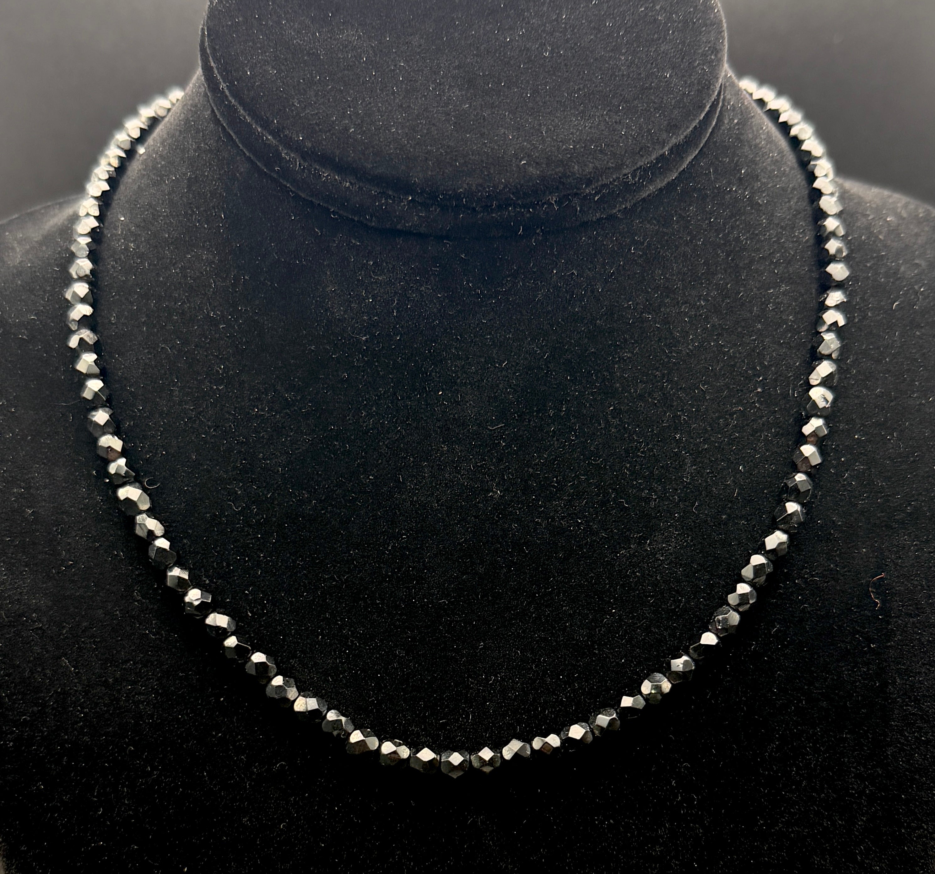 Vintage Faceted Black Crystal Bead Necklace with Sterling Silver Clasp - 17.5"