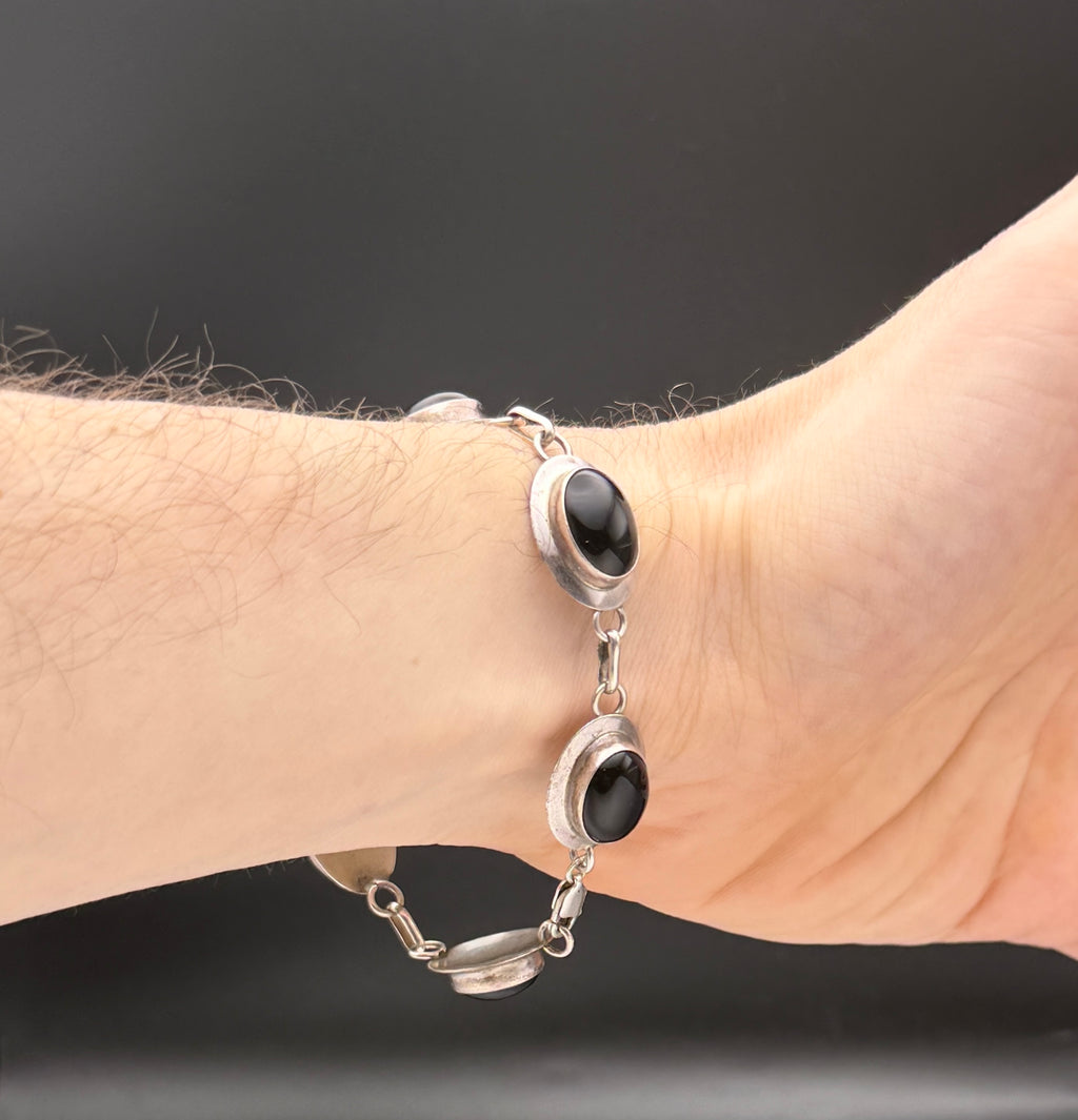 Vintage Handmade Black Onyx and Sterling Silver Links Bracelet - 8"