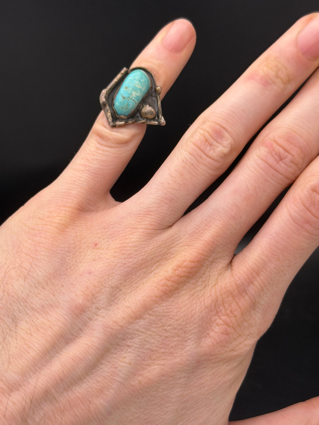 Vintage Handmade Turquoise Sterling Silver Abstract Knuckle Ring - Size 2.75