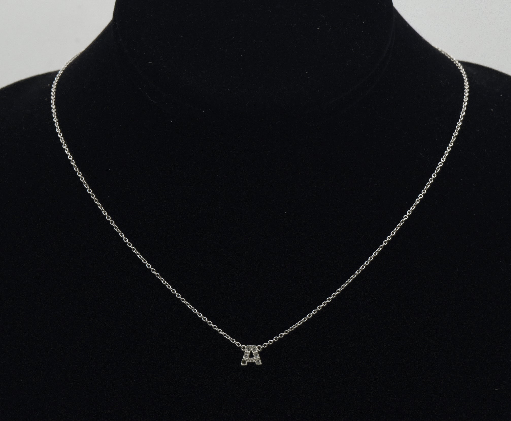 Vintage Sterling Silver "A" Monogram Rhinestone Pendant Chain Necklace - 16.25"