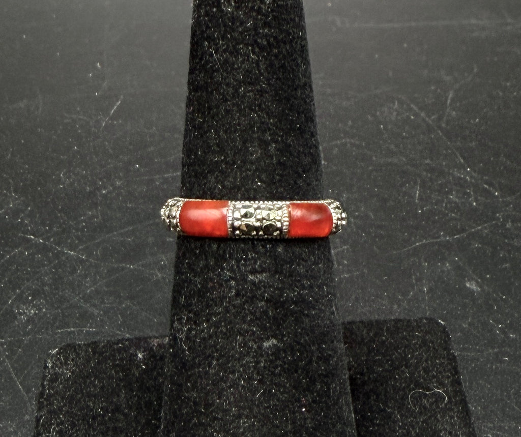 Vintage Sterling Silver Amber and Marcasite Band - Size 5.75