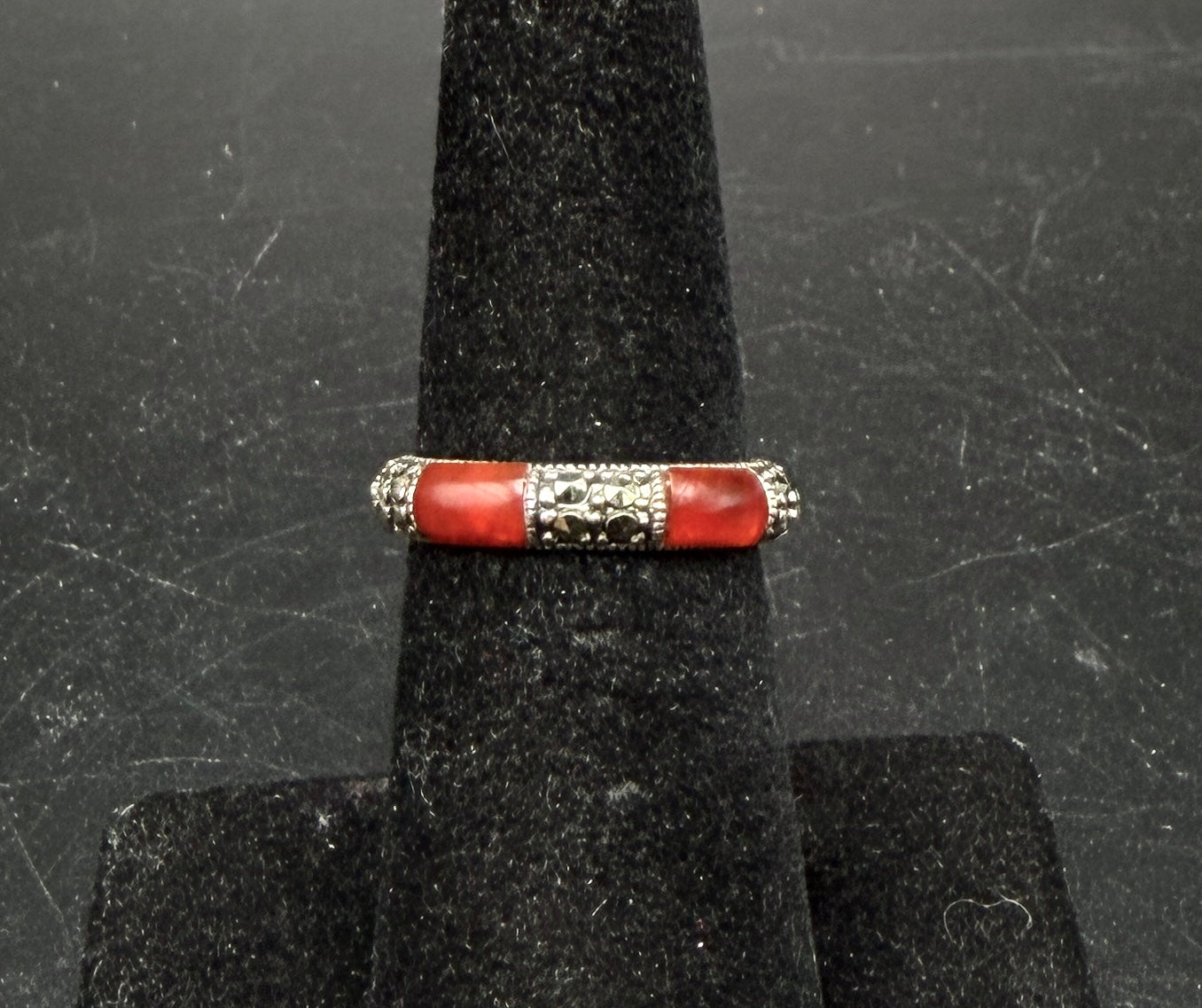Vintage Sterling Silver Amber and Marcasite Band - Size 5.75