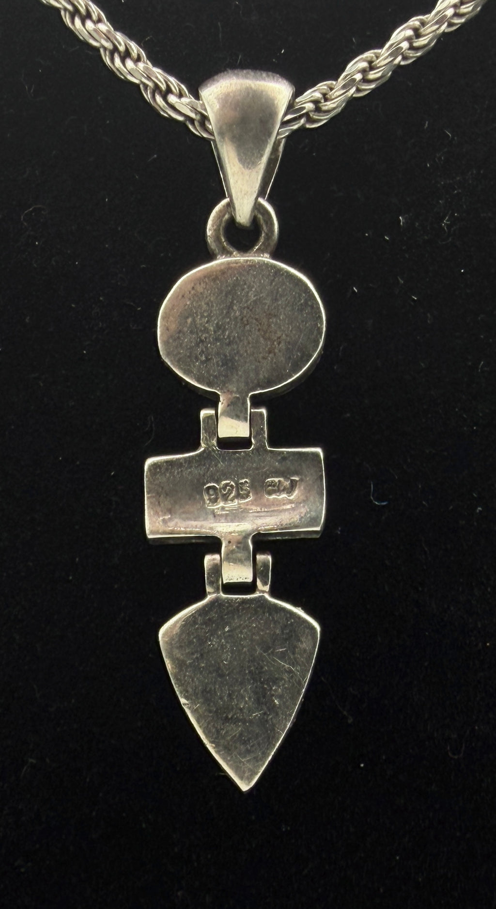 Vintage Black Onyx, Marcasite and Mother of Pearl Pendant on Italian Chain Sterling Silver Necklace - 16"