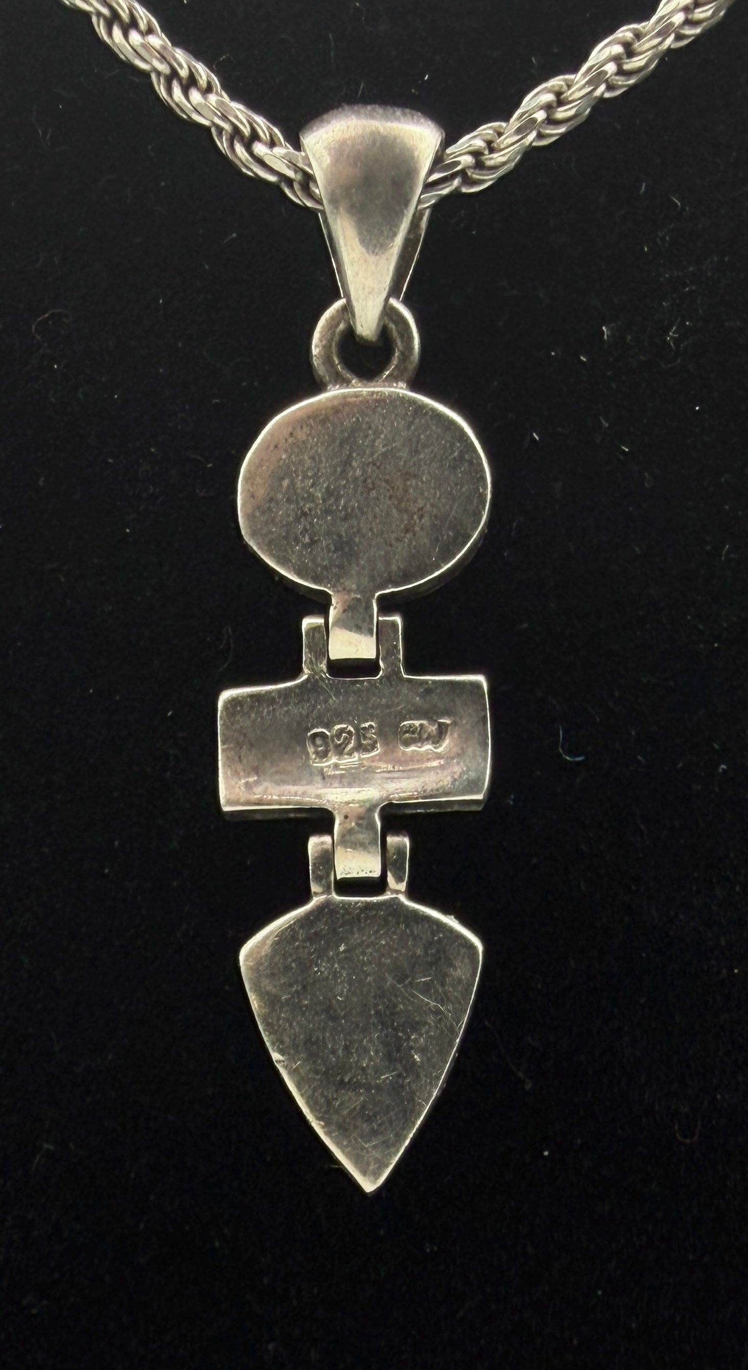 Vintage Black Onyx, Marcasite and Mother of Pearl Pendant on Italian Chain Sterling Silver Necklace - 16"