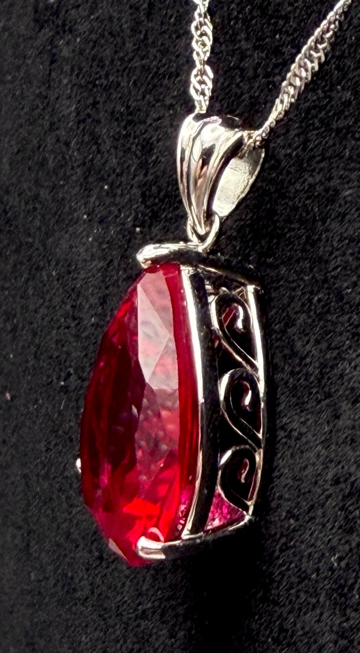 Vintage Large Synthetic Ruby Pendant Sterling Silver Chain Necklace