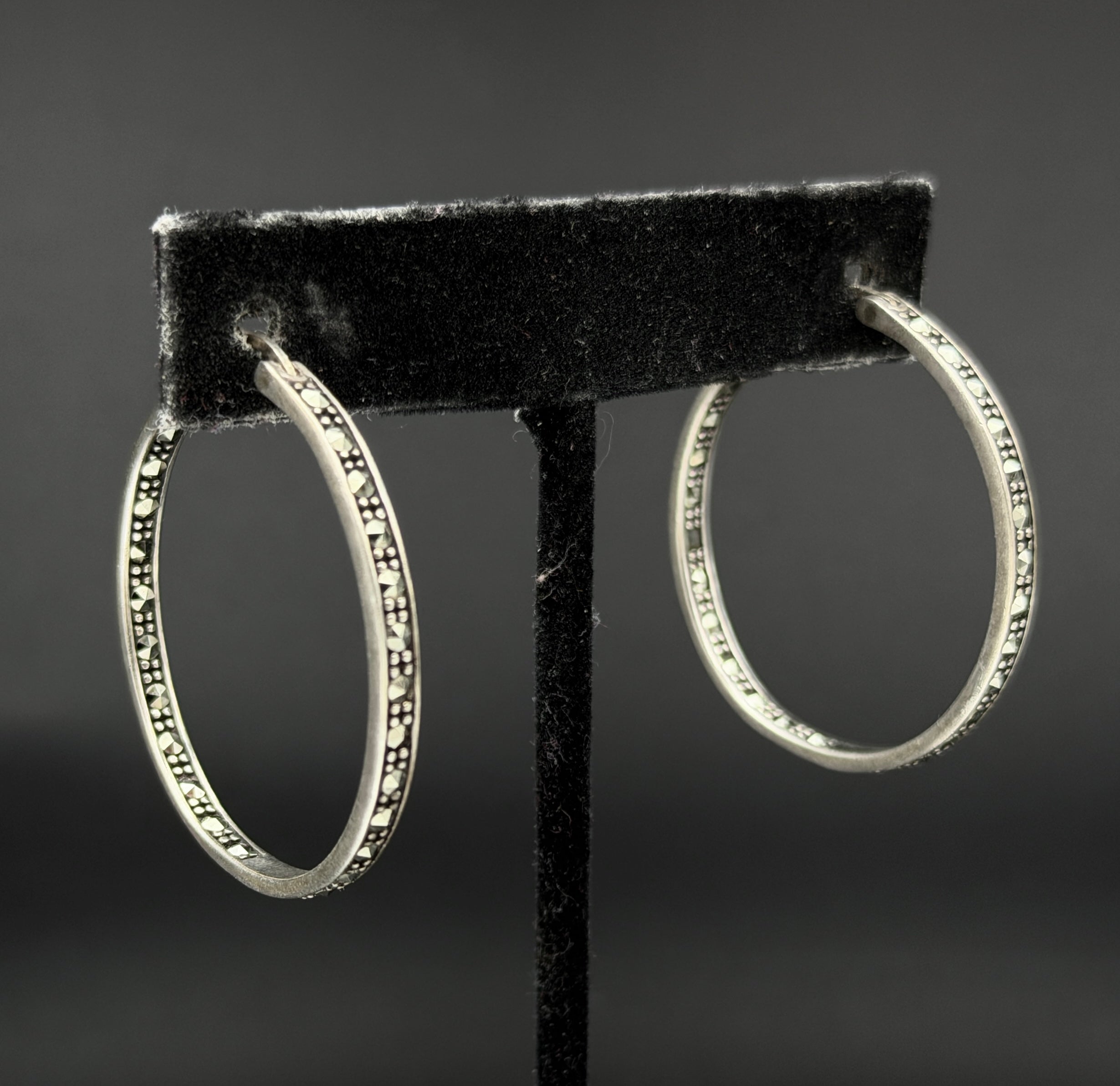Vintage Sterling Silver and Marcasite Hoop Earrings