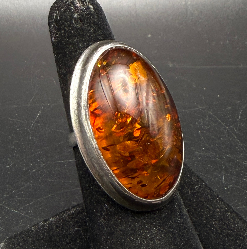 Vintage Handmade Sterling Silver Large Amber Ring - Size 6