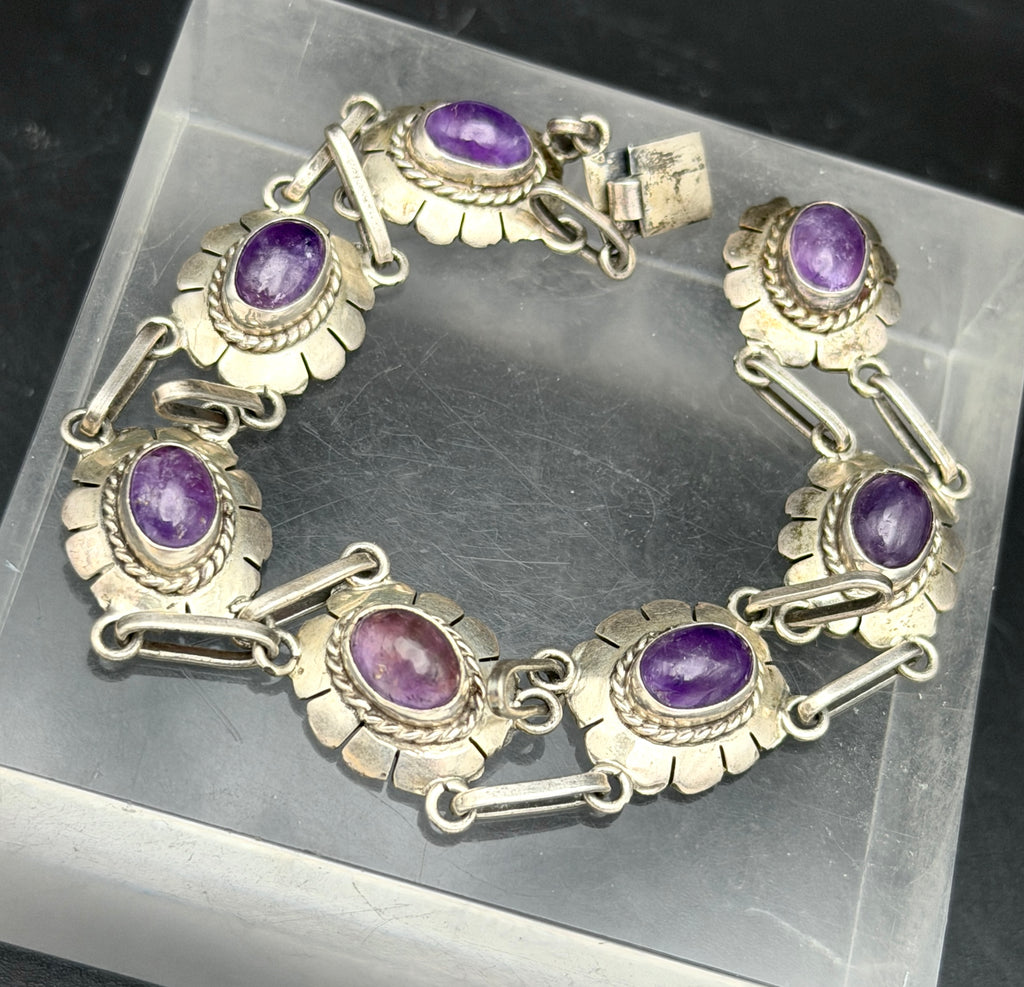 Vintage Handmade Amethyst Sterling Silver Link Bracelet - 8"