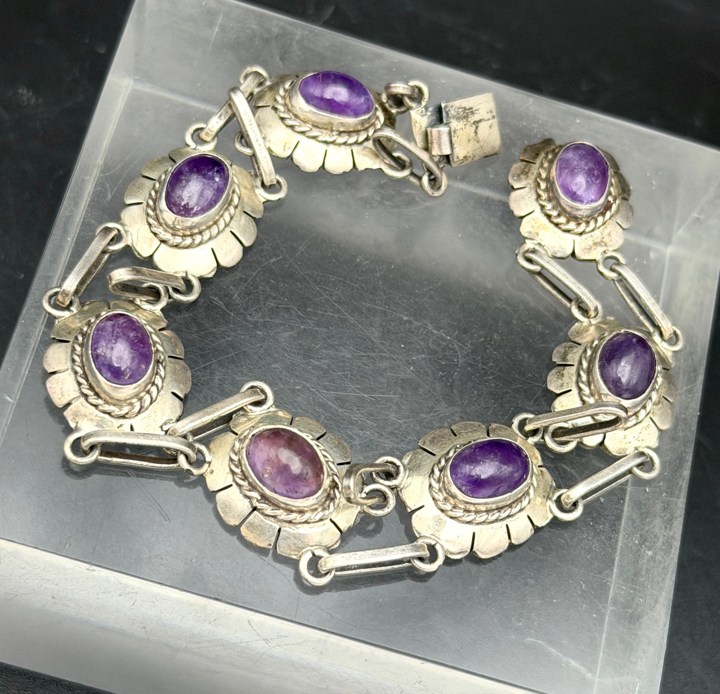 Vintage Handmade Amethyst Sterling Silver Link Bracelet - 8"