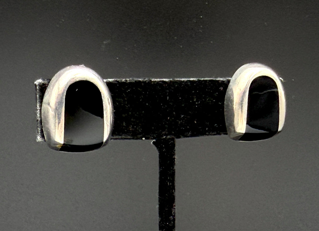 Vintage Sterling Silver Black Onyx Modernist Clip On Earrings