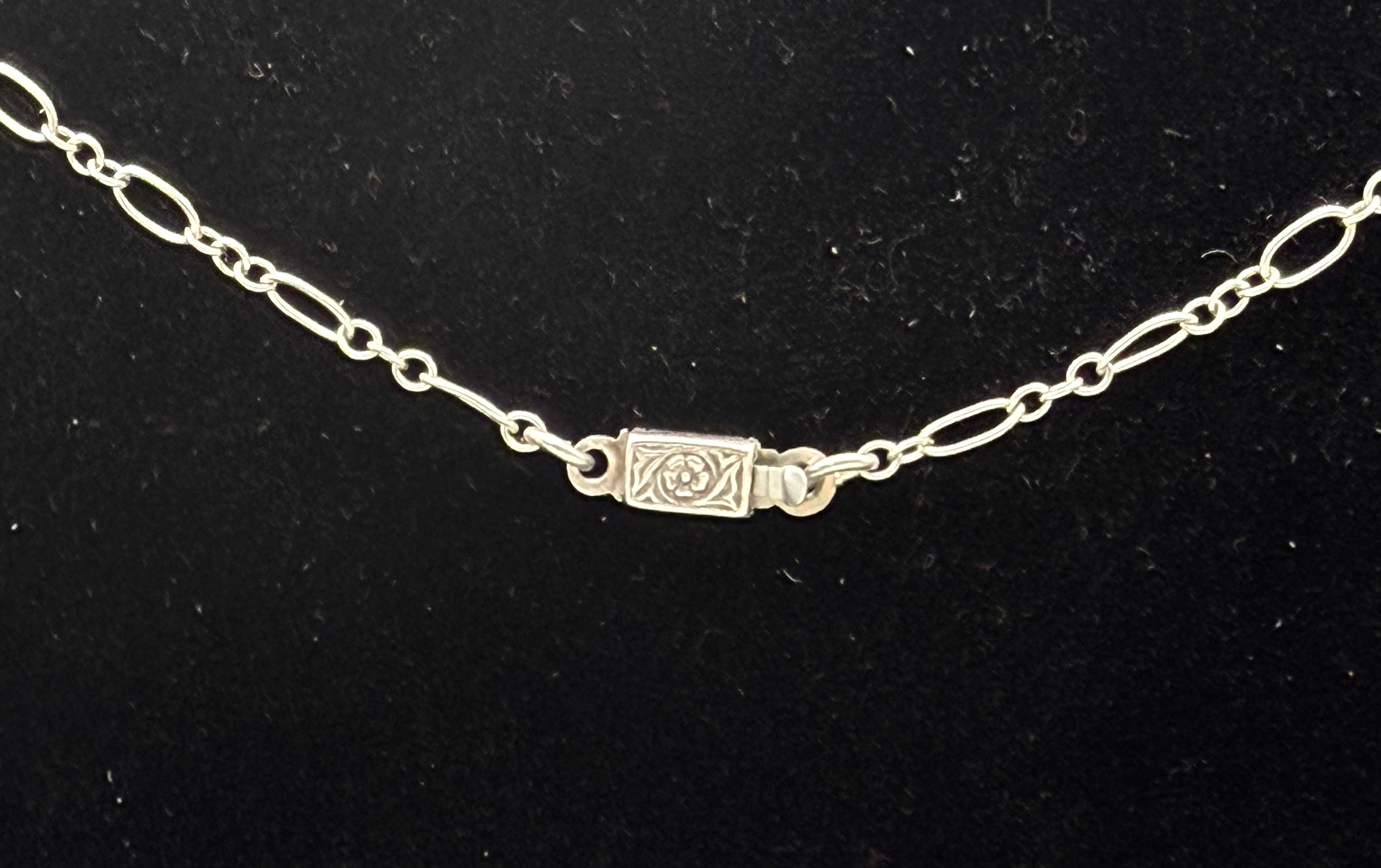 Vintage Black Glass with Diamond Macle Pendant Necklace Sterling Silver Chain Necklace - 23"