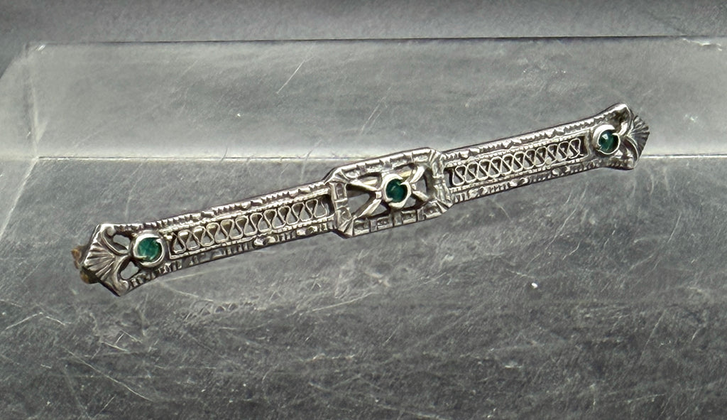 Vintage Sterling Silver with Green Crystals Bar Pin