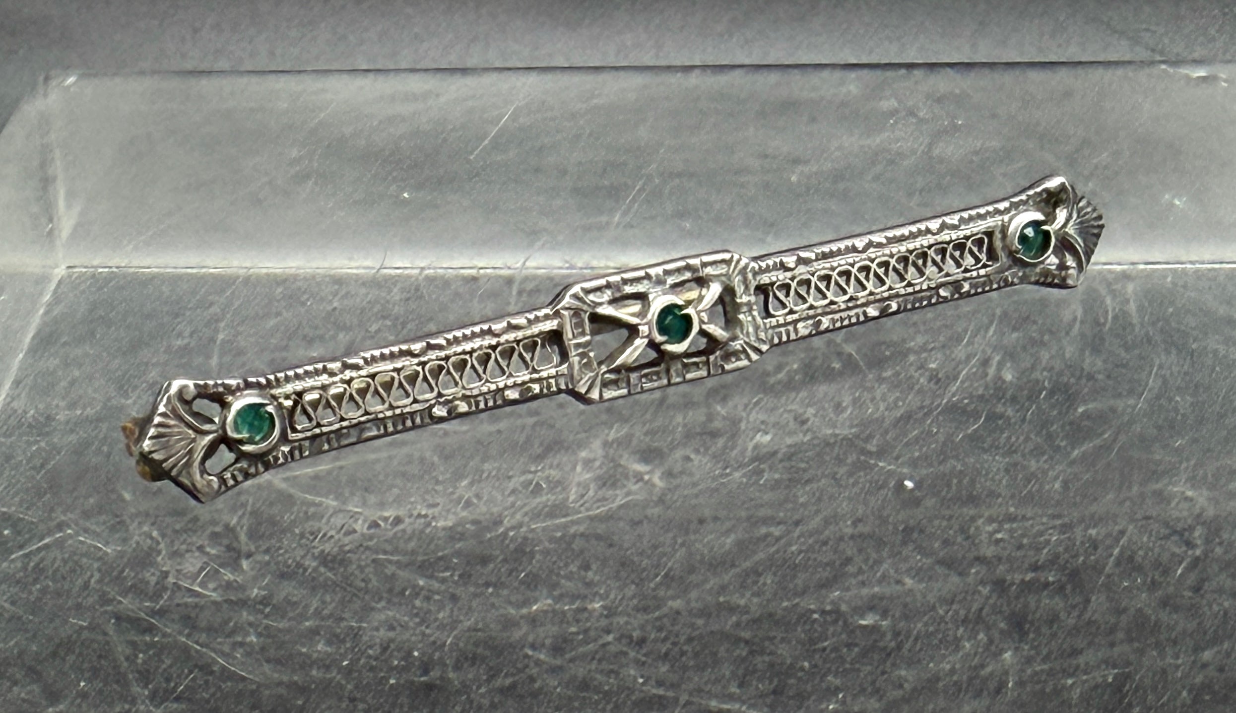 Vintage Sterling Silver with Green Crystals Bar Pin