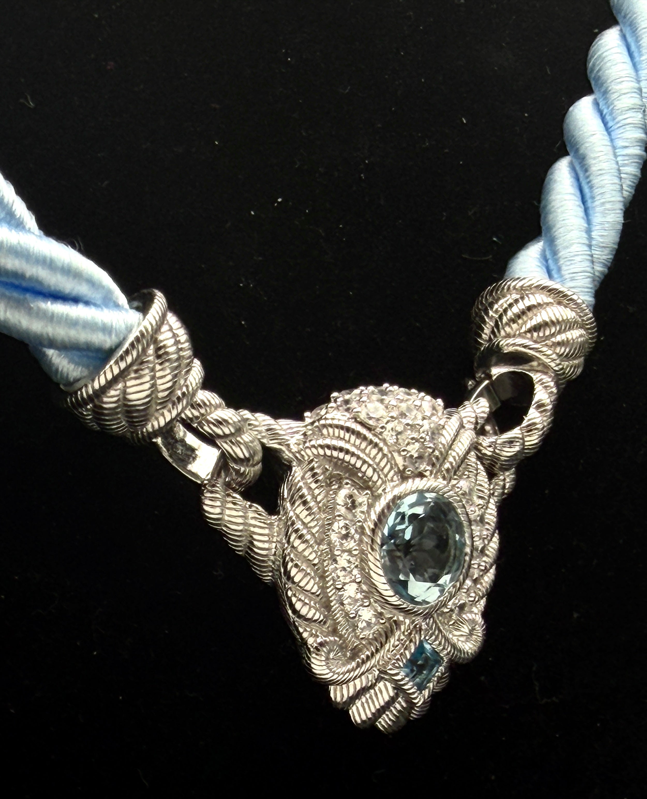 Judith Ripka - Vintage Blue Topaz and CZ Sterling Silver Pendant on Satin Rope Necklace - 18"