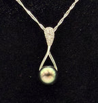 Vintage Tahitian Pearl and Zircon Pendant Sterling Silver Chain Necklace