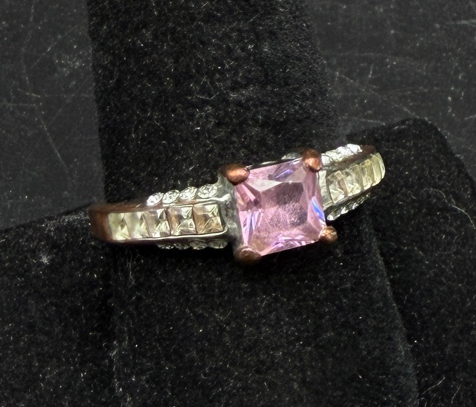 Vintage Silver Plated Pink Crystal Glass Ring - Size 9