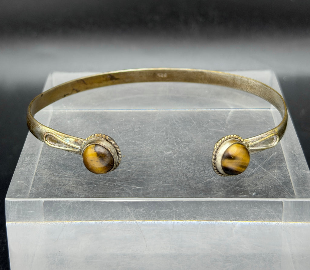 Vintage Handmade Tiger's Eye Silver Plated Open Bangle Bracelet