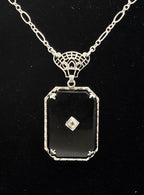Vintage Black Glass with Diamond Macle Pendant Necklace Sterling Silver Chain Necklace - 23"