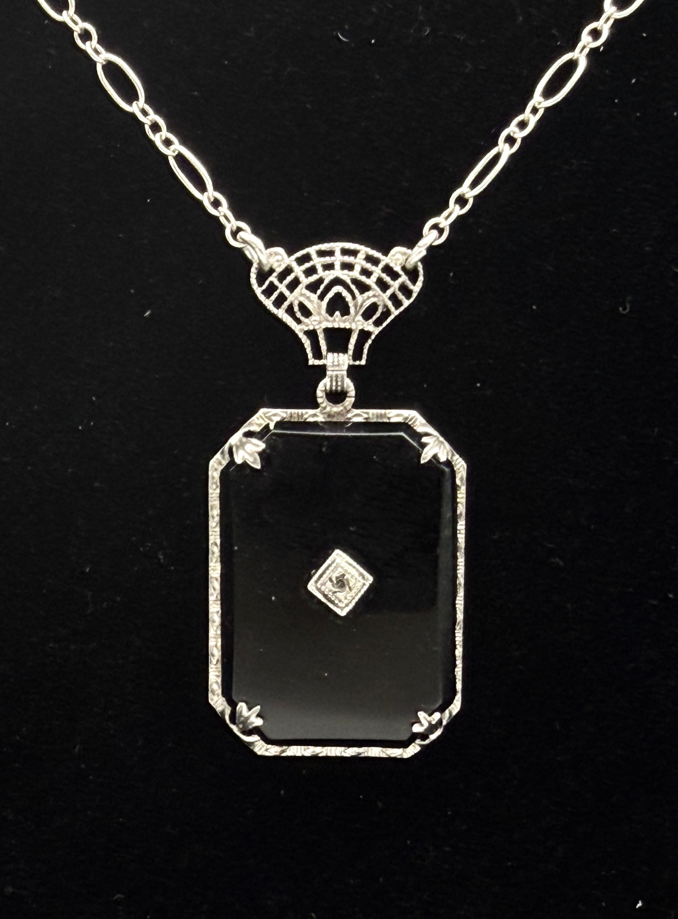 Vintage Black Glass with Diamond Macle Pendant Necklace Sterling Silver Chain Necklace - 23"