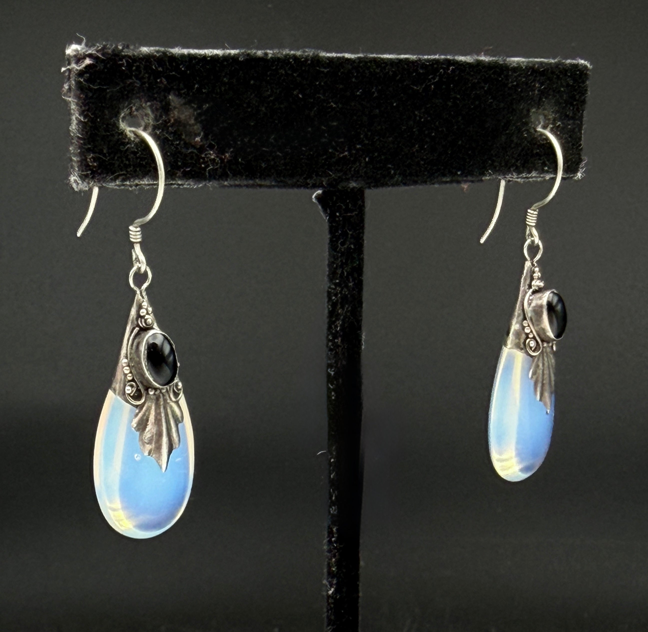 Vintage Opalite Teadrop with Black Onyx Sterling Silver Dangle Earrings