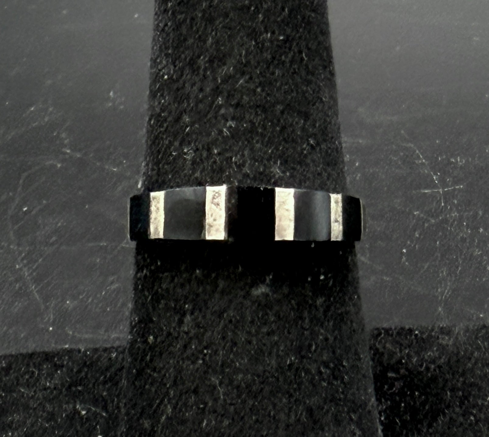 Vintage Handmade Inlaid Black Onyx Sterling Silver Band - Size 7.25