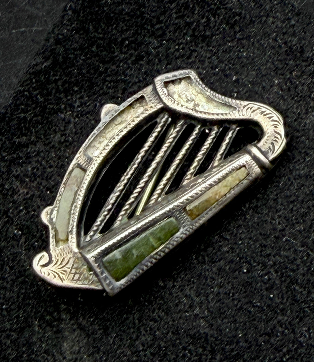 Antique Handmade Connemara Marble Harp Silver Brooch