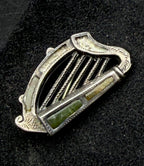 Antique Handmade Connemara Marble Harp Silver Brooch