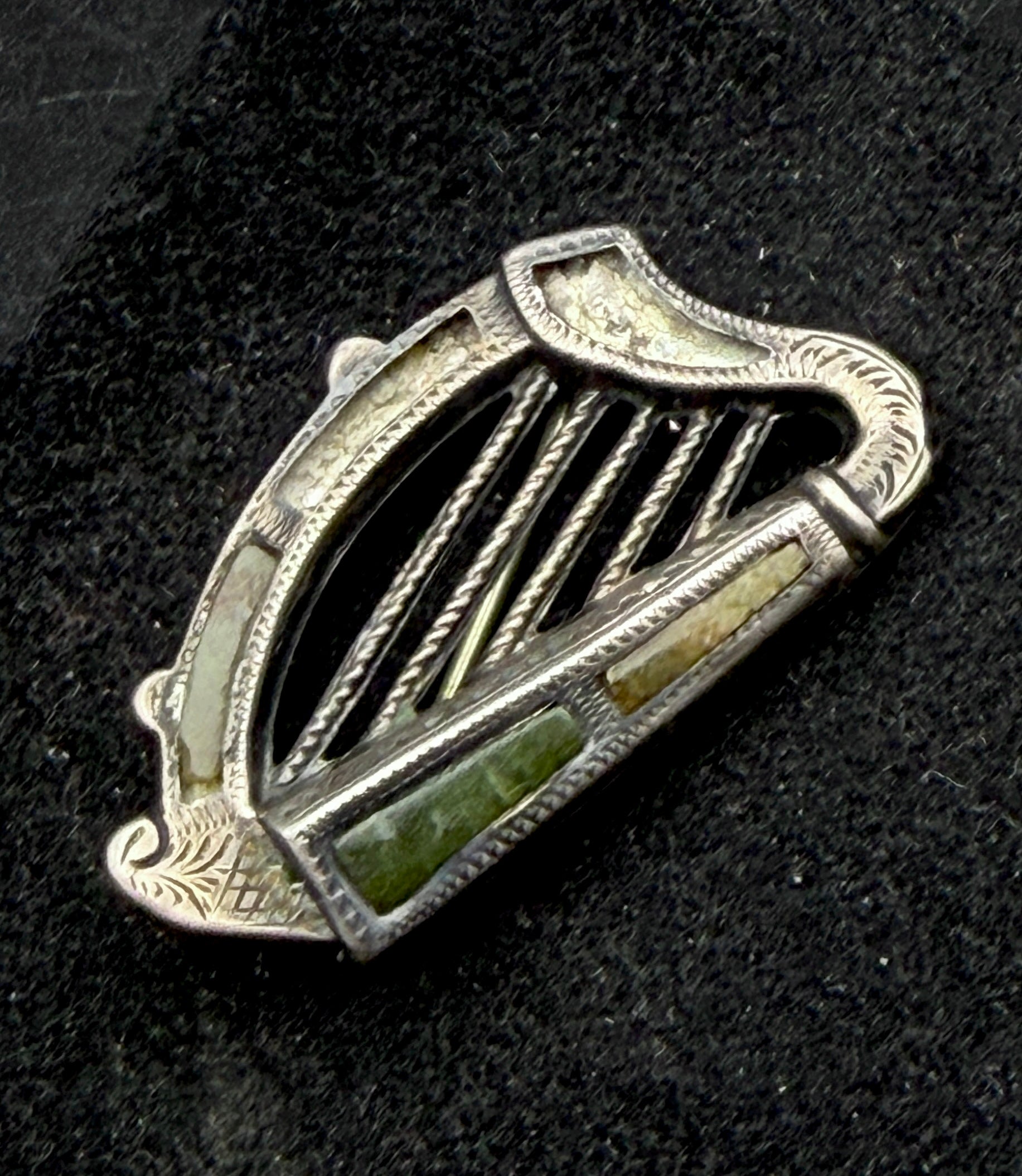 Antique Handmade Connemara Marble Harp Silver Brooch