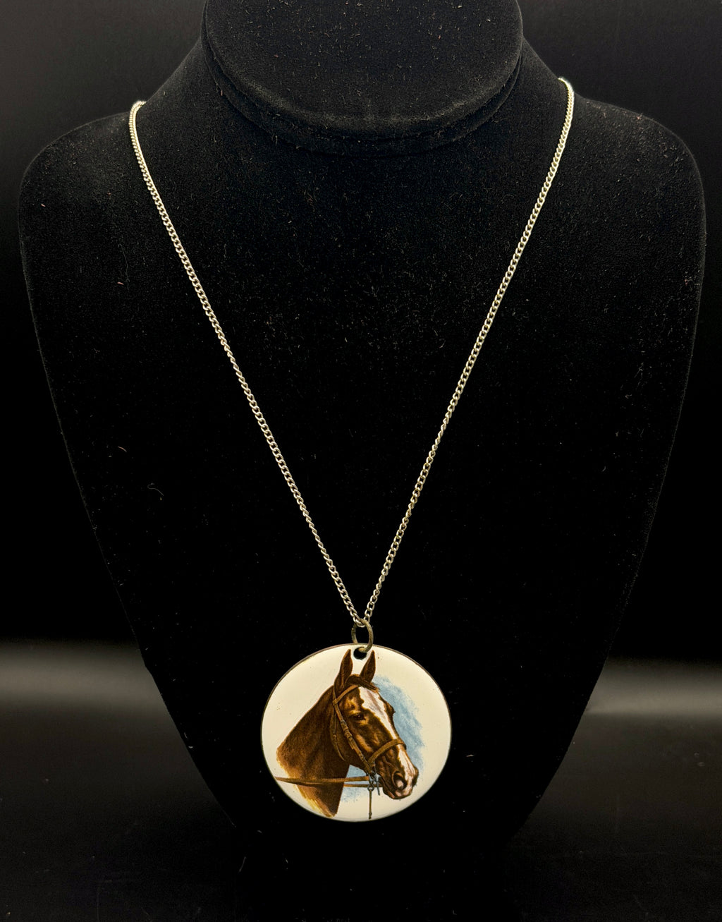 Vintage Horse Head Enameled Metal Pendant Chain Necklace - 24.5"