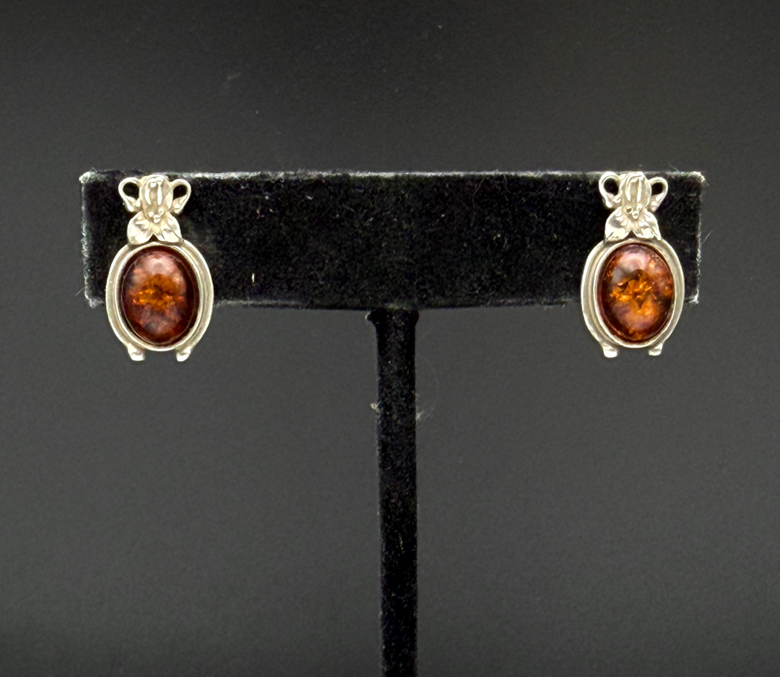 Vintage Art Nouveau Style Amber Sterling Silver Stud Earrings