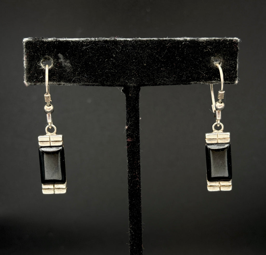 Vintage Sterling Silver Black Onyx Dangle Earrings
