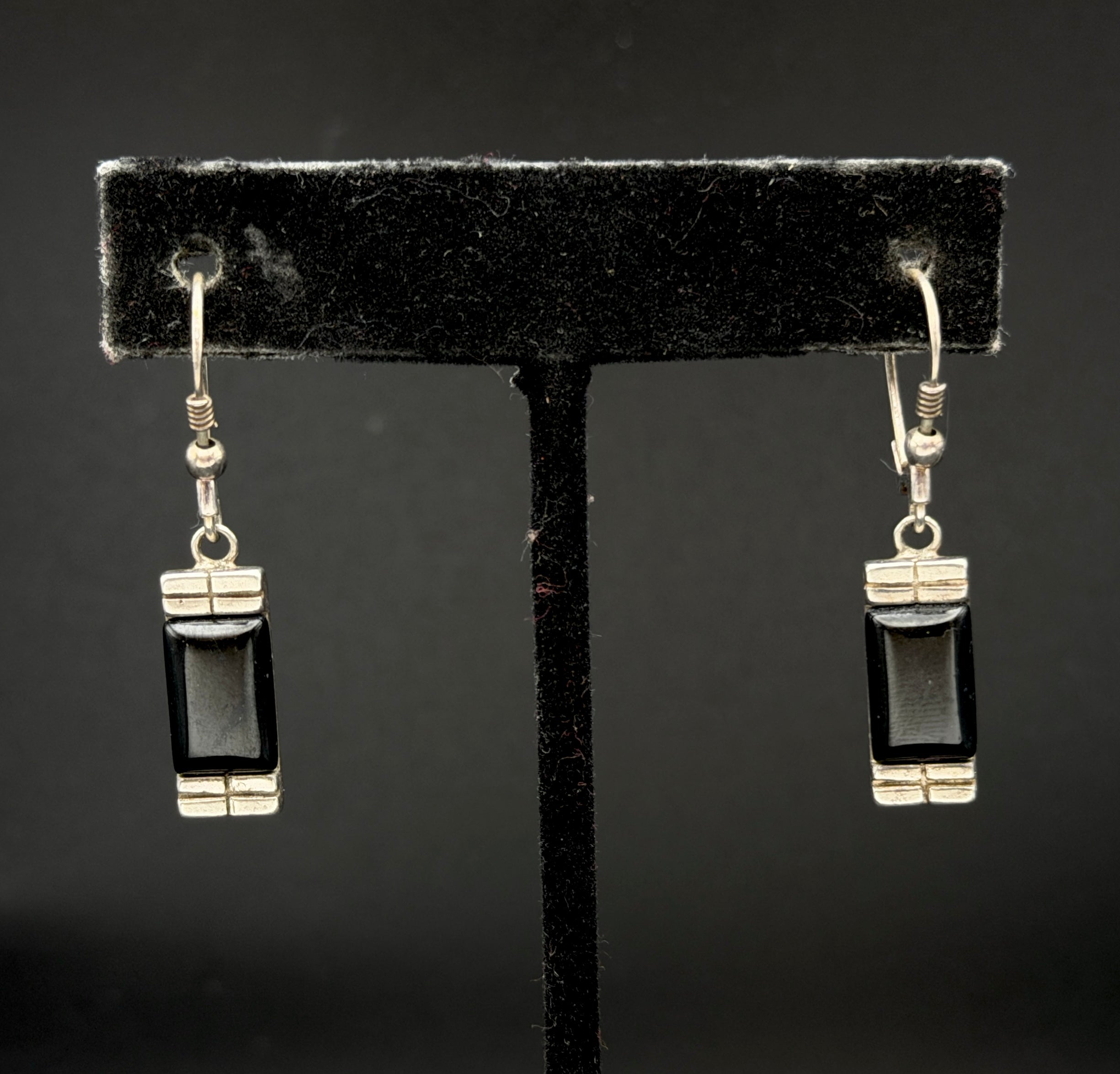 Vintage Sterling Silver Black Onyx Dangle Earrings