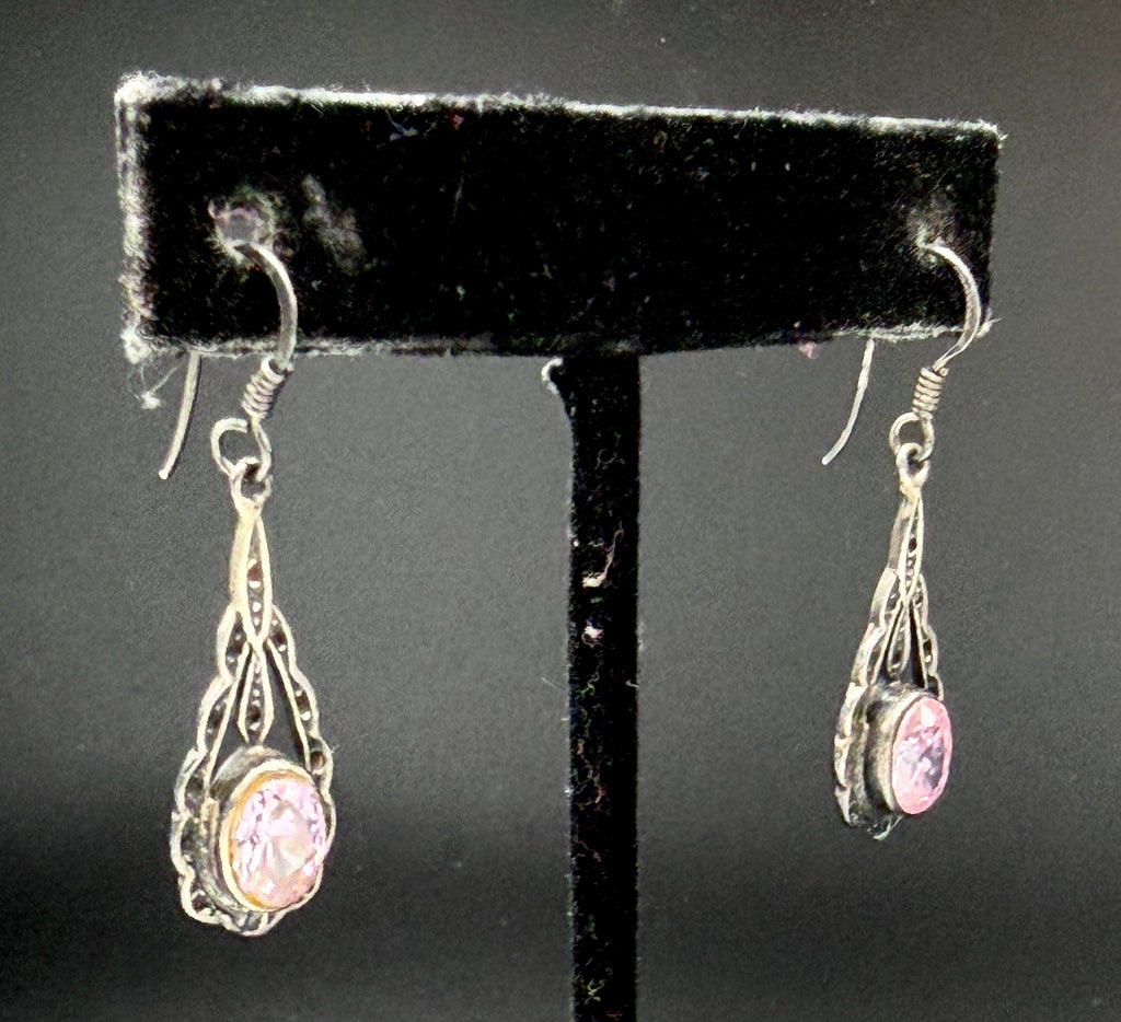 Vintage Pink Uranium Glass Sterling Silver Dangle Earrings