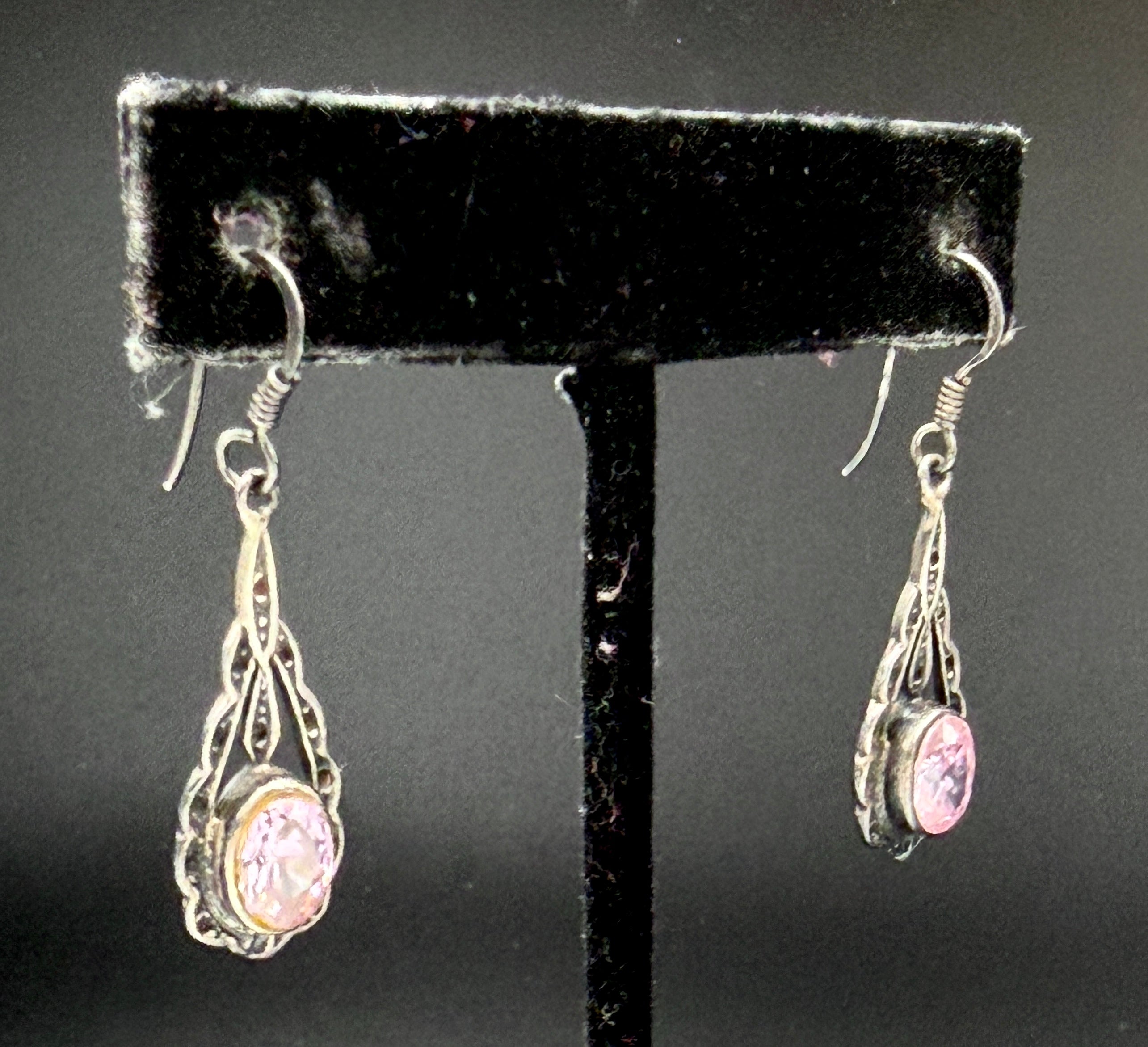 Vintage Pink Uranium Glass Sterling Silver Dangle Earrings